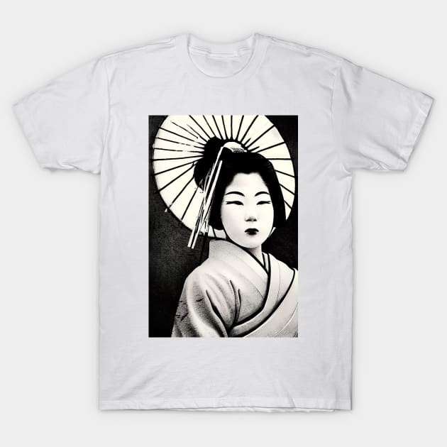 Japanese geisha with parasol, vintage style T-Shirt by Ravenglow